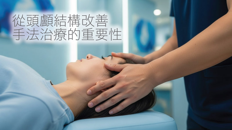 治療師雙手輕柔調整患者頸椎C1與枕骨位置,前後對比箭咀顯示腦血流改善,寧靜藍色調香港診所場景,寫實攝影風格,heyheal.com.hk顱骶經絡治療推廣圖,強化權威醫療形象
