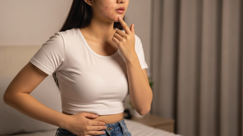 年輕亞洲女性夜晚坐在床上,因荷爾蒙失調經期失調與下巴暗瘡而輕按小腹,健康教育情境照片