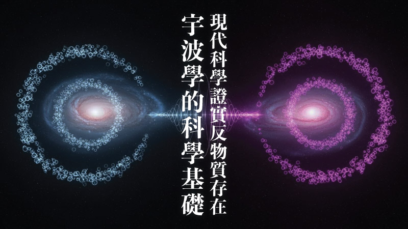 左右兩側藍色與紫紅色對稱螺旋星系以粒子軌跡環繞，中間以波動能量相連，中央直向白色中文寫著『現代科學證實反物質存在 宇波學的科學基礎』的概念科學橫幅