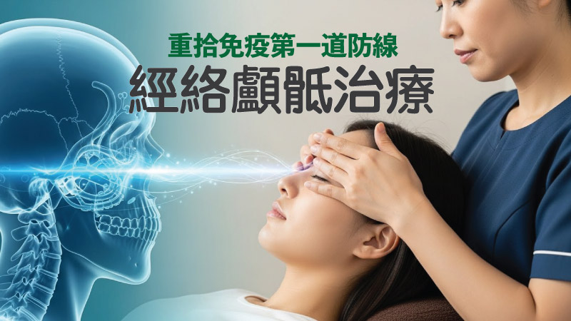 註冊中醫師在診症室以經絡顱骶治療雙手托住患者頭顱和面部，透視顱骨與鼻腔通道，強調調整結構重拾免疫第一道防線