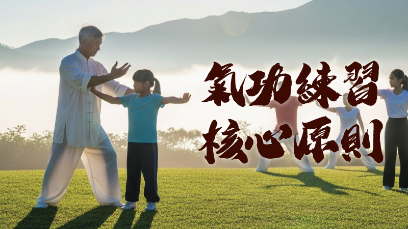 日出晨光下的草地上，長者指導孩童及其他學員練氣功與太極，呈現戶外集體練功與師徒傳承的場景。