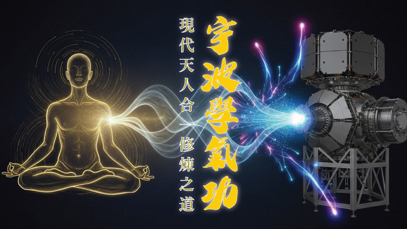 左側金色打坐人體能量場，右側寫實粒子探測器與光束相連，配以『宇波學氣功 現代天人合一修煉之道』文字的宇波學氣功與現代科學概念橫幅