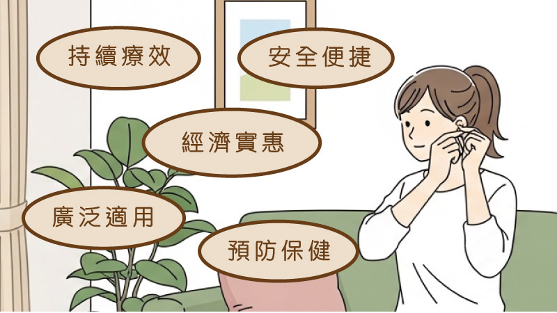 日式插圖女性在家客廳按摩耳朵，標示耳穴治療五大好處如睡眠改善、減壓、助消化、減肥、舒緩痛症，柔和家居風格，HeyHeal中醫保健圖。