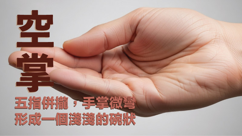 近距離展示一隻手做出拍打功用的「空掌」姿勢，五指併攏、手掌微彎形成碗狀，旁邊有「空掌」及「五指併攏，手掌微彎形成一個淺淺的碗狀」文字說明